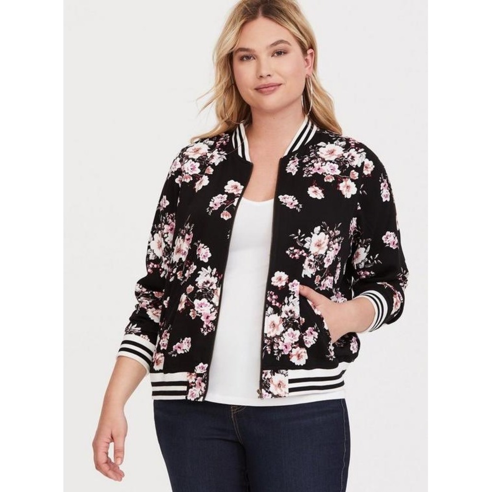 Torrid‎ Women 1X Floral Twill Bomber Jacket Black Pink Striped Ribbed Trim